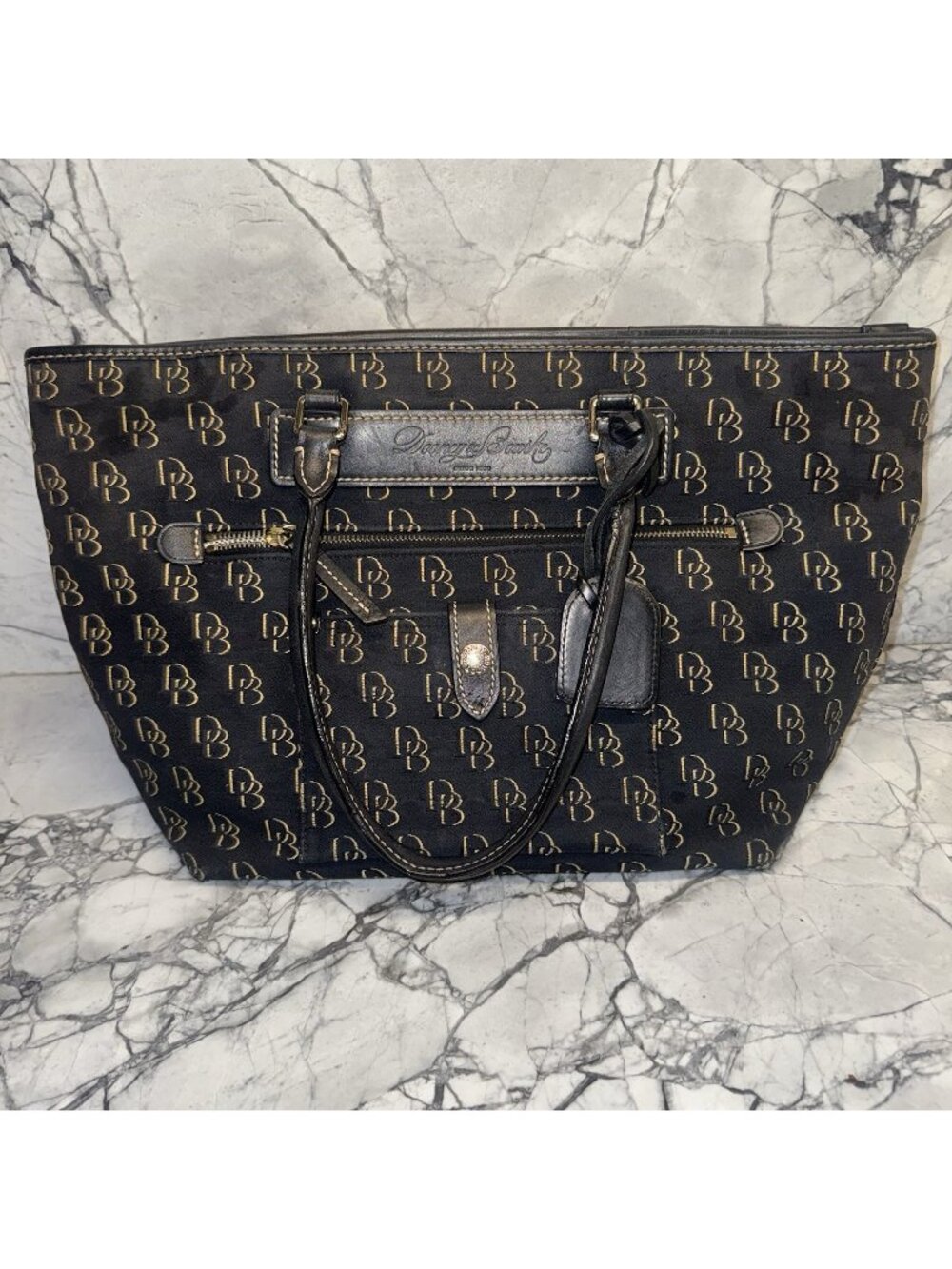 Dooney & Bourke Signature Black Tan Tote Leather Canvas Purse